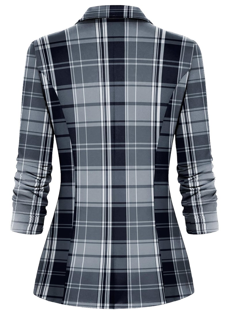 Genhoo Plaid Blazer Jackets for Women Long Sleeve Business Suit Jacket Open Front Work Office Blazer Fashion Dressy Blazer Grey Large - Image 2