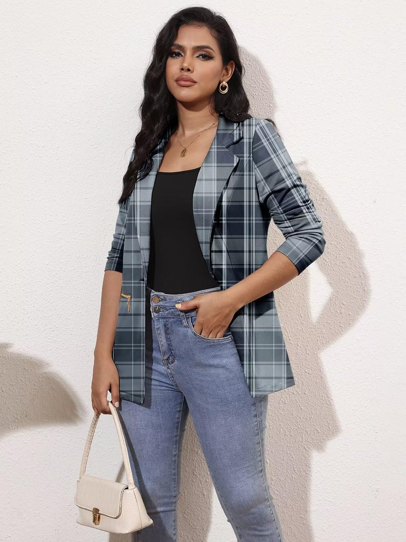 Genhoo Plaid Blazer Jackets for Women Long Sleeve Business Suit Jacket Open Front Work Office Blazer Fashion Dressy Blazer Grey Large - Image 4