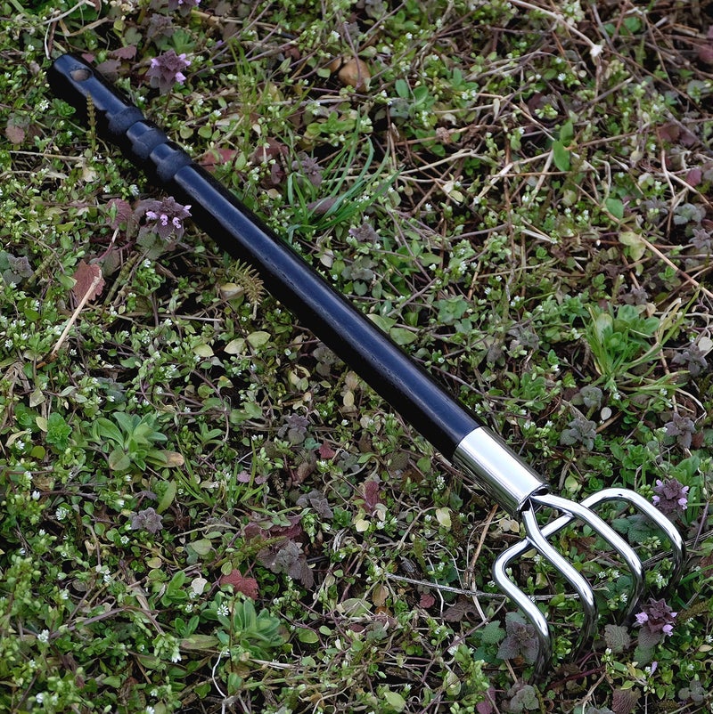 GardenHelper Japanese Garden Rake Cultivator Long Handle 19" Heavy Duty Japanese Steel 4 Claw Wood Handle, Made in Japan, Hand Cultivator Tool for Digging, Weeding, Cultivating, Silver - Image 2