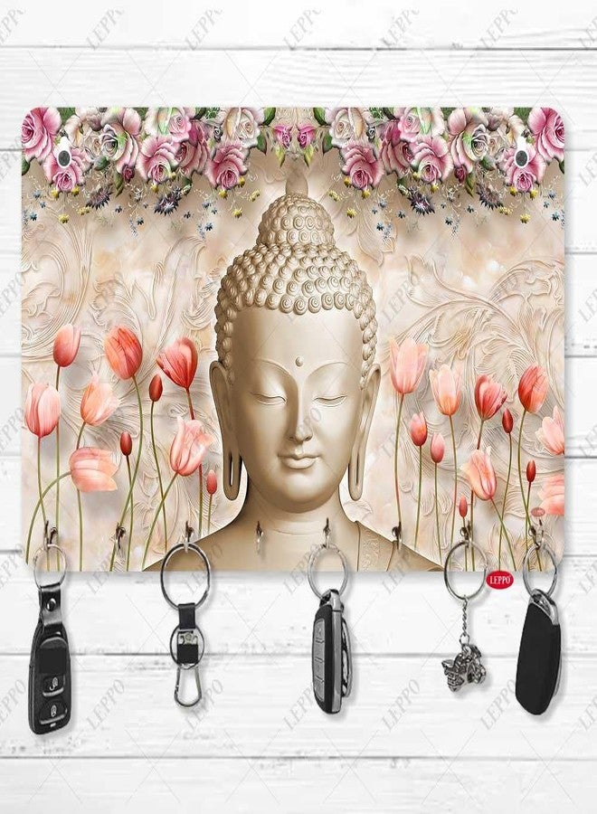 LEPPO Key Holder for Home Decor | Wooden Key Stand for Wall | Printed Lord Buddha Keys Hanger Dl305 (15 x 23 cm) 8 Hooks - Image 1