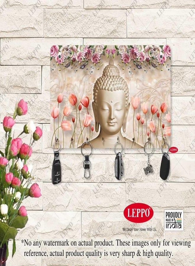 LEPPO Key Holder for Home Decor | Wooden Key Stand for Wall | Printed Lord Buddha Keys Hanger Dl305 (15 x 23 cm) 8 Hooks - Image 2