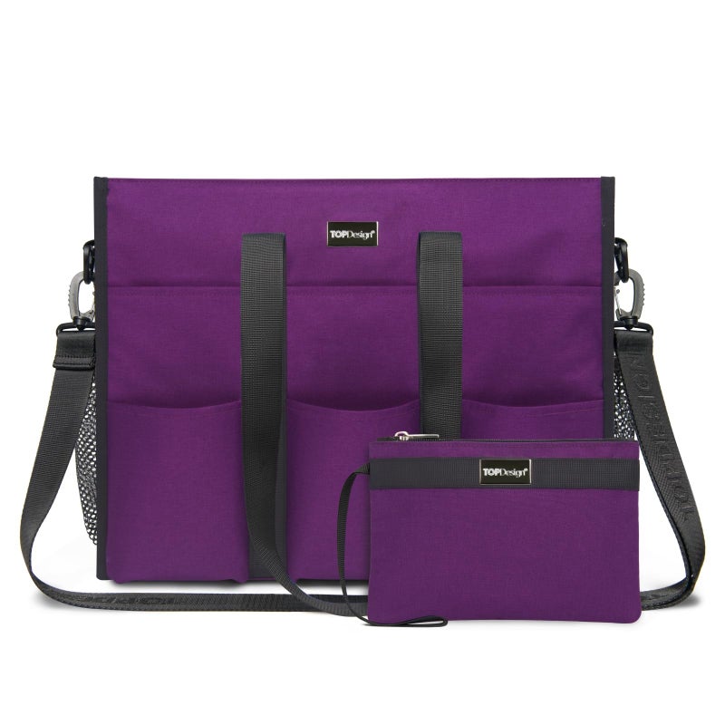 TOPDesign Utility Water Resistant Tote Bag with 22 Exterior & Interior Pockets, Top Zipper Closure & Thick Bottom Support, Perfect Gifts for Working Women, Teachers, Nurses, Accountants (L Purple) - Image 1