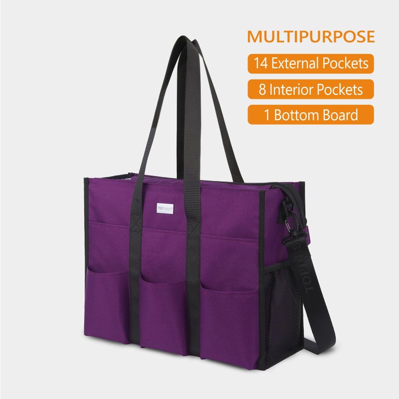 TOPDesign Utility Water Resistant Tote Bag with 22 Exterior & Interior Pockets, Top Zipper Closure & Thick Bottom Support, Perfect Gifts for Working Women, Teachers, Nurses, Accountants (L Purple) - Image 3