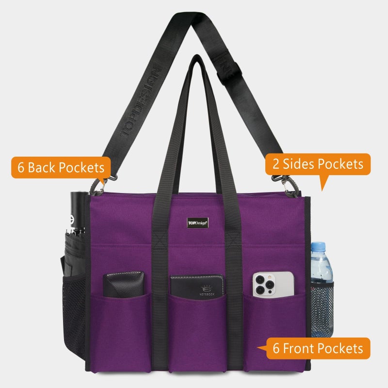 TOPDesign Utility Water Resistant Tote Bag with 22 Exterior & Interior Pockets, Top Zipper Closure & Thick Bottom Support, Perfect Gifts for Working Women, Teachers, Nurses, Accountants (L Purple) - Image 4