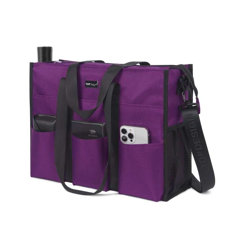 TOPDesign Utility Water Resistant Tote Bag with 22 Exterior & Interior Pockets, Top Zipper Closure & Thick Bottom Support, Perfect Gifts for Working Women, Teachers, Nurses, Accountants (L Purple) - Image 2