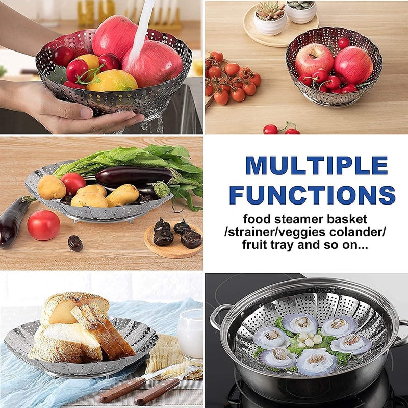 Premium Stainless Steel Veggie Steamer Basket Vegetable Steamer Basket with Silicone Oil Brush and Spatula Set- Folding Expandable Steamers to Fits Various Size Pot (6.5" to 10.5")-UPGRADE DESIGN  - Image 2