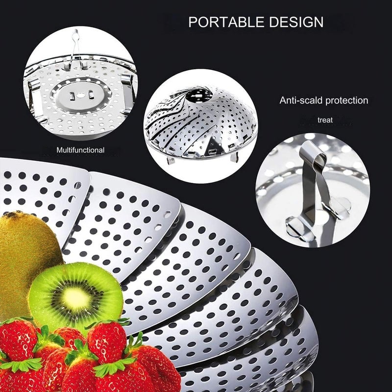Premium Stainless Steel Veggie Steamer Basket Vegetable Steamer Basket with Silicone Oil Brush and Spatula Set- Folding Expandable Steamers to Fits Various Size Pot (6.5" to 10.5")-UPGRADE DESIGN  - Image 5