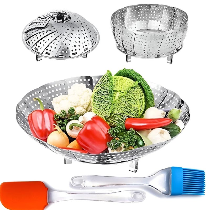Premium Stainless Steel Veggie Steamer Basket Vegetable Steamer Basket with Silicone Oil Brush and Spatula Set- Folding Expandable Steamers to Fits Various Size Pot (6.5" to 10.5")-UPGRADE DESIGN  - Image 1