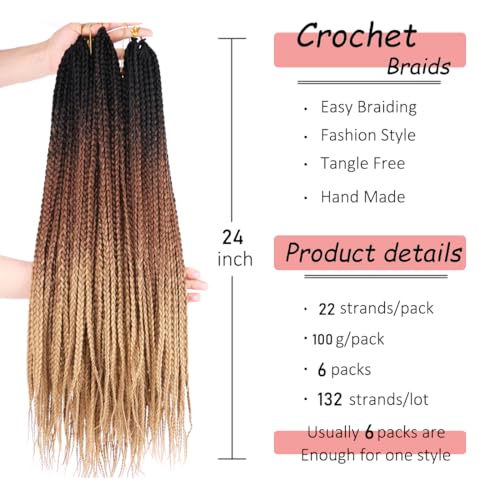 ZHTks Ombre Box Braids Crochet Hair 6 Packs Goddess Pre looped Crochet Box Braids for Women Black to Honey Blonde Golden 3X Small Box Braided Knotless Braiding Hair Extensions(24 Inch,T1B/4/27#) - Image 2