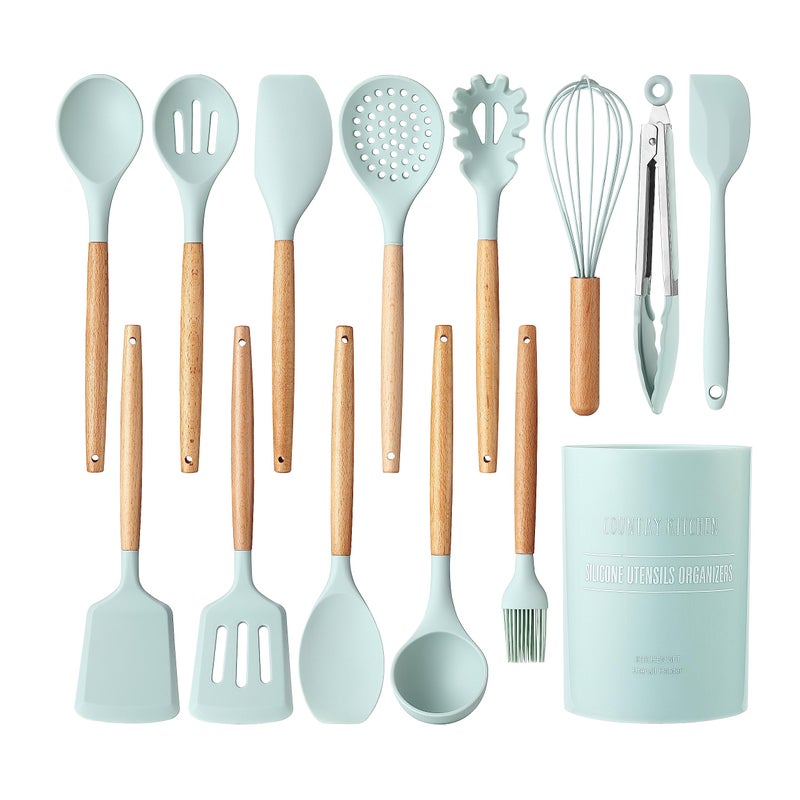 Country Kitchen Non Stick Silicone Utensil Set with Rounded Wood Handles for Cooking and Baking 14 Piece Set Mint