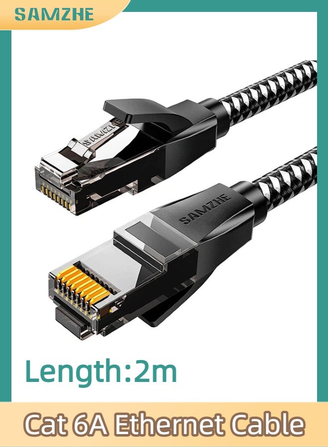 SAMZHE كابل إيثرنت Cat6A بطول 2 متر، عالي السرعة 10 جيجابت في الثانية 500 ميجاهرتز، سلك LAN دائري مضفر من النحاس النقي، موصل RJ45 مع غطاء واقٍ، مطلي بالذهب لمقاومة التداخل، سلك توصيل إنترنت للكمبيوتر لأجهزة PS5 وPS4 وXbox والكمبيوتر الشخصي والألعاب وأجهزة التوجيه والمودم (أسود) - Image 1