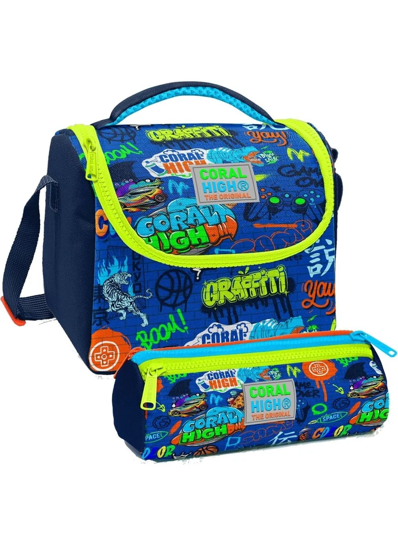CORAL HIGH Saks Graffiti Patterned Boy Thermal Insulated Lunch Bag and Pencil Case Set