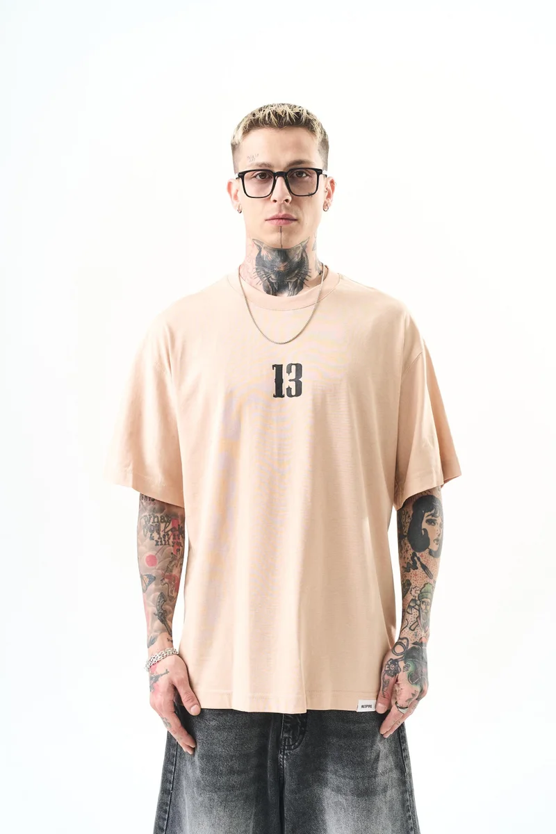 RESPIRE Men's 13 Print Oversize T-Shirt, Beige
