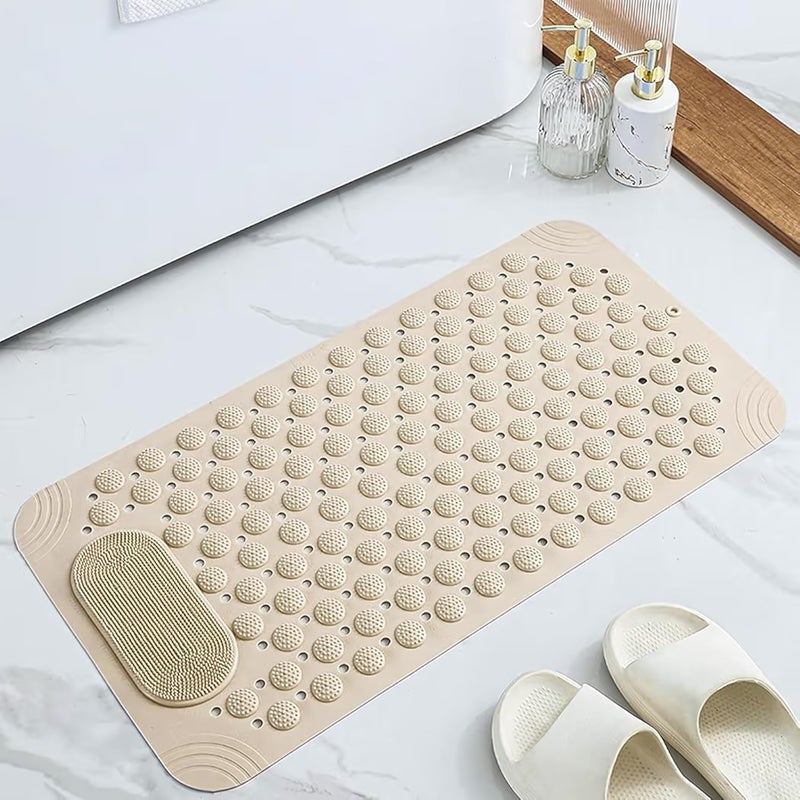 Non-Slip Bath Mat with Built-in Brush for Foot Scrubber - Safe Bathtub Mat with Drain Holes and Bubble Texture for Massaging - Mildew Resistant and Quick Dry (Beige) - Image 1