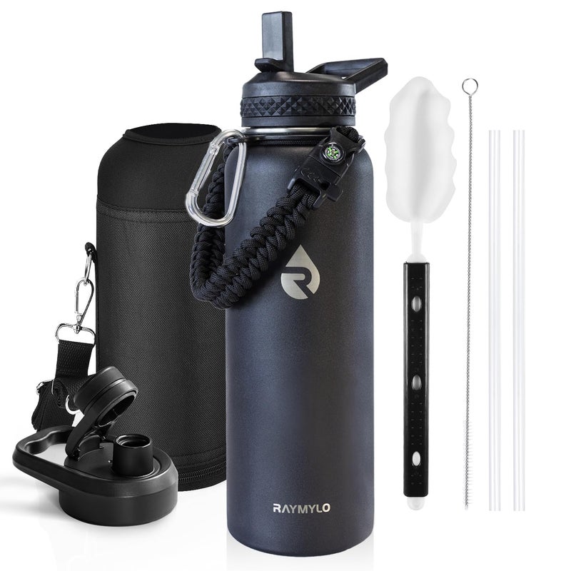 RAYMYLO Insulated Water Bottle 40 oz, Triple Wall Vacuum Stainless Steel (Cold for 48 Hrs), Leak Proof & Non-BPA, Modern Water Flask Jug with Paracord Handle & Straw Spout Lids, Magic Black - Image 1