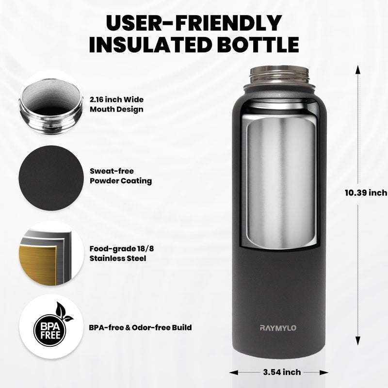 RAYMYLO Insulated Water Bottle 40 oz, Triple Wall Vacuum Stainless Steel (Cold for 48 Hrs), Leak Proof & Non-BPA, Modern Water Flask Jug with Paracord Handle & Straw Spout Lids, Magic Black - Image 5