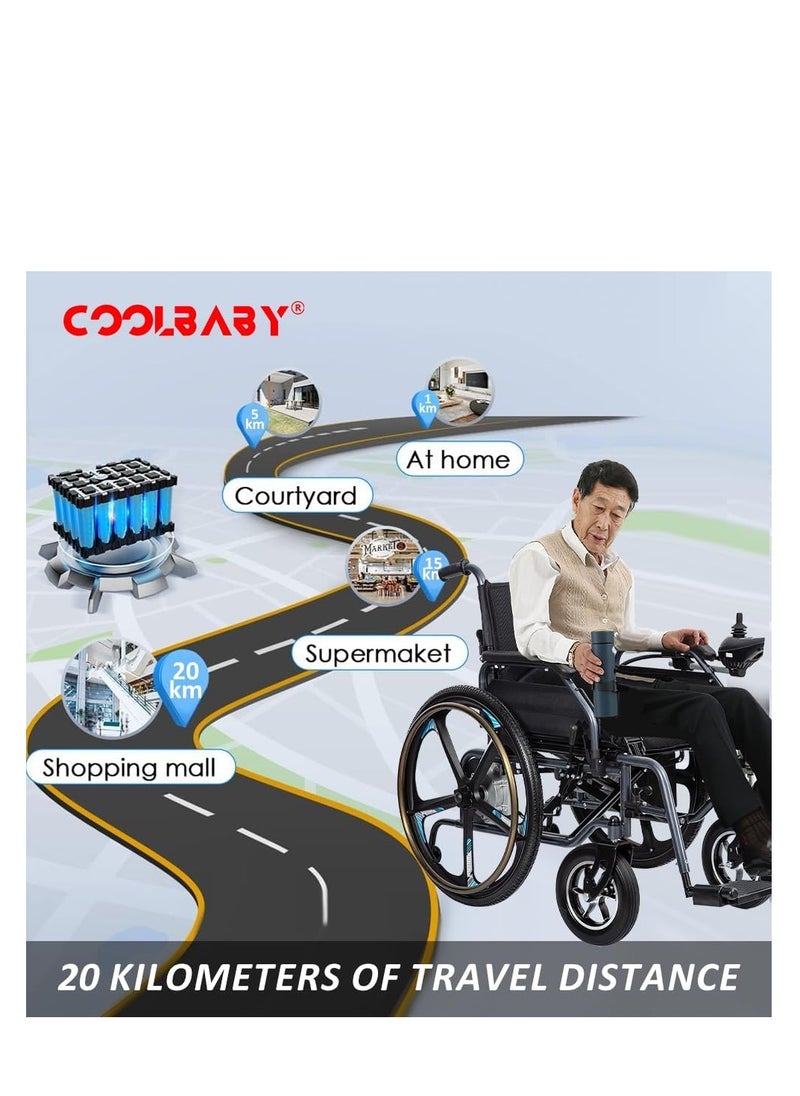 COOLBABY Portable Folding Electric Wheelchair, Lightweight Foldable Disabled Wheelchair (79 lbs) 24 Inch Magnesium Alloy Rear Wheel, 360° Joystick Electric Wheelchair All Terrain Electric Wheelchair