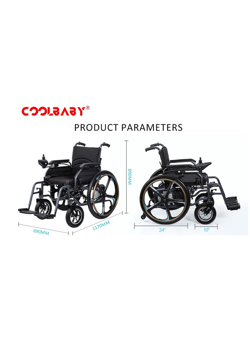 COOLBABY Portable Folding Electric Wheelchair, Lightweight Foldable Disabled Wheelchair (79 lbs) 24 Inch Magnesium Alloy Rear Wheel, 360° Joystick Electric Wheelchair All Terrain Electric Wheelchair