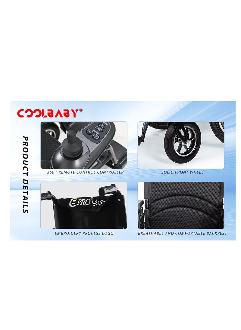 COOLBABY Portable Folding Electric Wheelchair, Lightweight Foldable Disabled Wheelchair (79 lbs) 24 Inch Magnesium Alloy Rear Wheel, 360° Joystick Electric Wheelchair All Terrain Electric Wheelchair