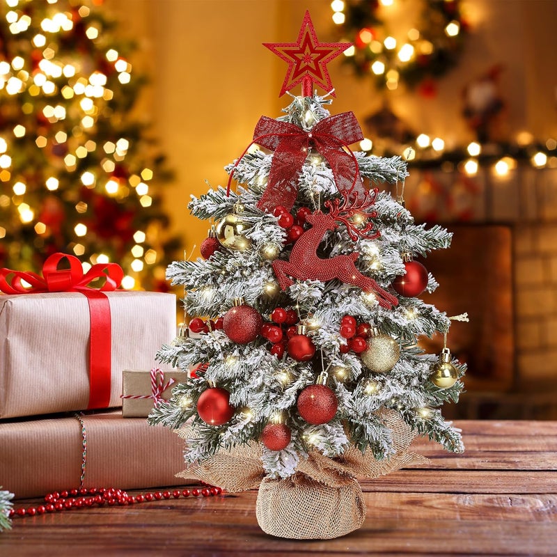 Sggvecsy Sggvecsy 236 Mini Snow Frosted Christmas Tree Table Top Lighted Artificial Xmas Tree Star Treetop Glitter Balls Red Deer Bows Red Berries Hanging Ornaments DIY Holiday Indoor Decorations  - Image 2