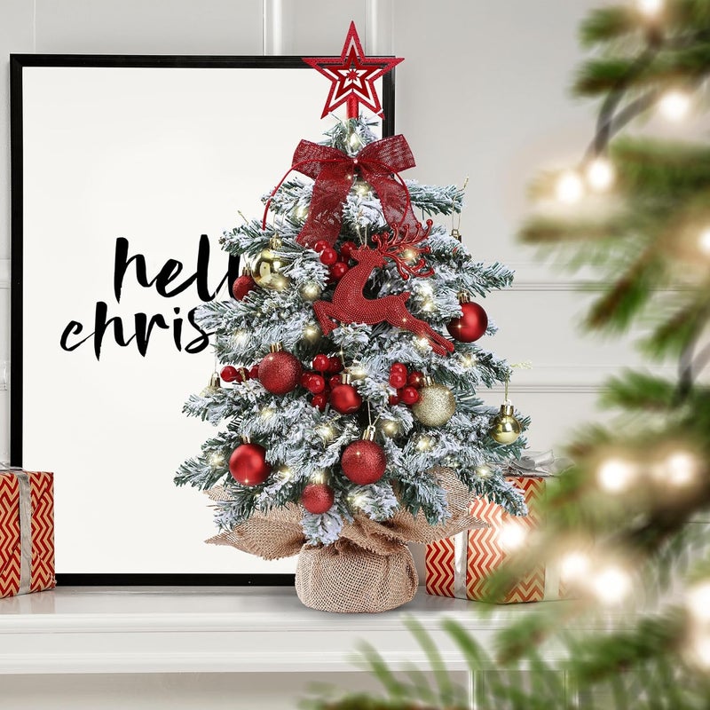 Sggvecsy Sggvecsy 236 Mini Snow Frosted Christmas Tree Table Top Lighted Artificial Xmas Tree Star Treetop Glitter Balls Red Deer Bows Red Berries Hanging Ornaments DIY Holiday Indoor Decorations  - Image 3