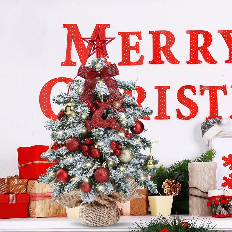 Sggvecsy Sggvecsy 236 Mini Snow Frosted Christmas Tree Table Top Lighted Artificial Xmas Tree Star Treetop Glitter Balls Red Deer Bows Red Berries Hanging Ornaments DIY Holiday Indoor Decorations  - Image 5