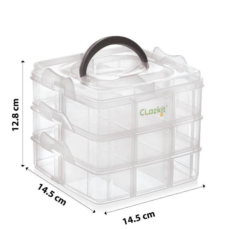 Clazkit Jewellery Organisers Plastic 3 layer 18 Grid Square Portable Transparent Storage Detachable Box Organizer Case for jewelry sewing button earrings Hair (Transparent), 14.5x14.5 cm - Image 3