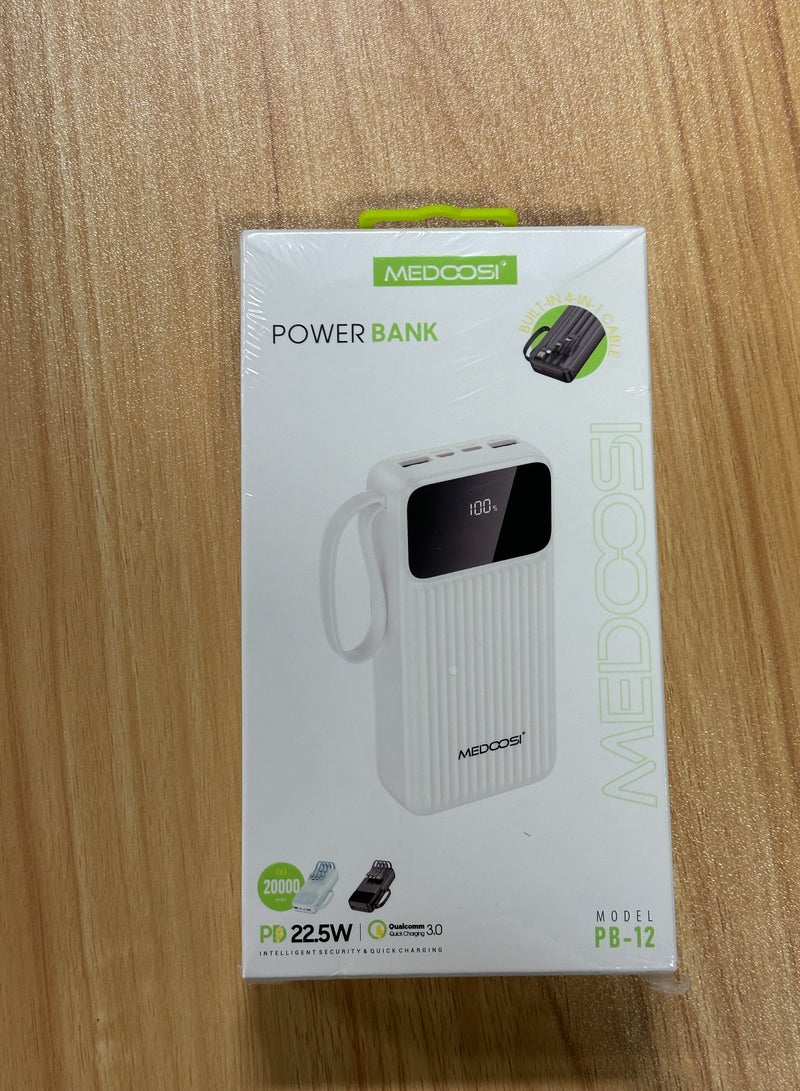 MEDOOSI Power Bank 20000 mAh power bank with Built-in USB-C Data Cable, Fast Charging power bank for .White - Image 2