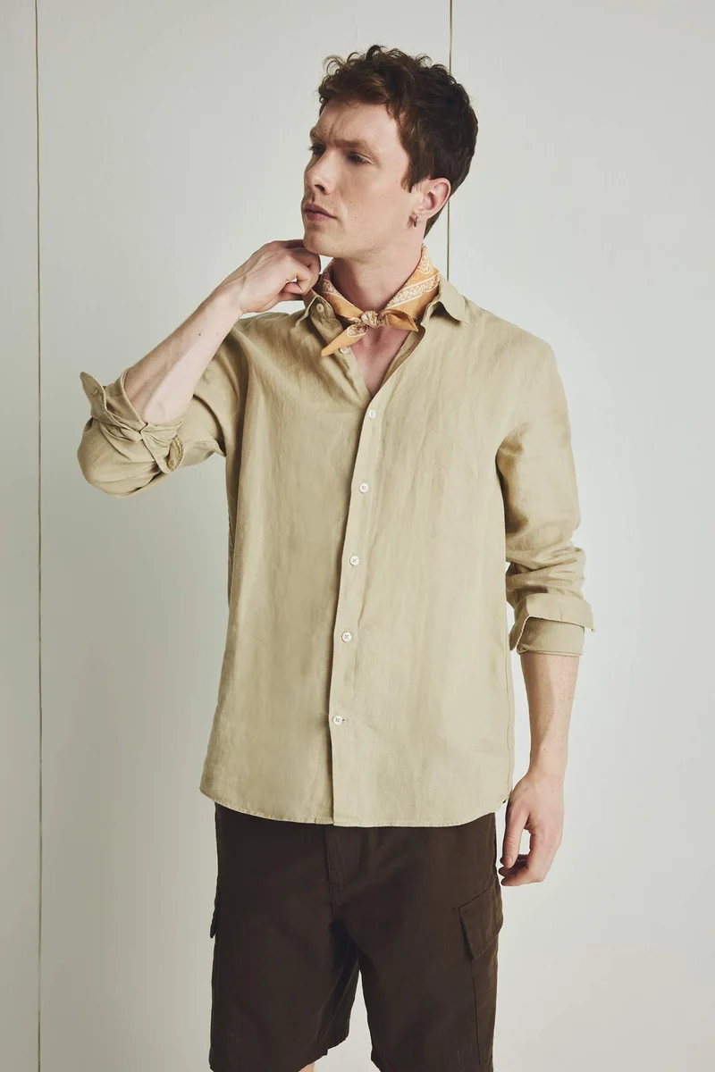 ديفاكتو 100% Linen Regular Fit Polo Collar Shirt