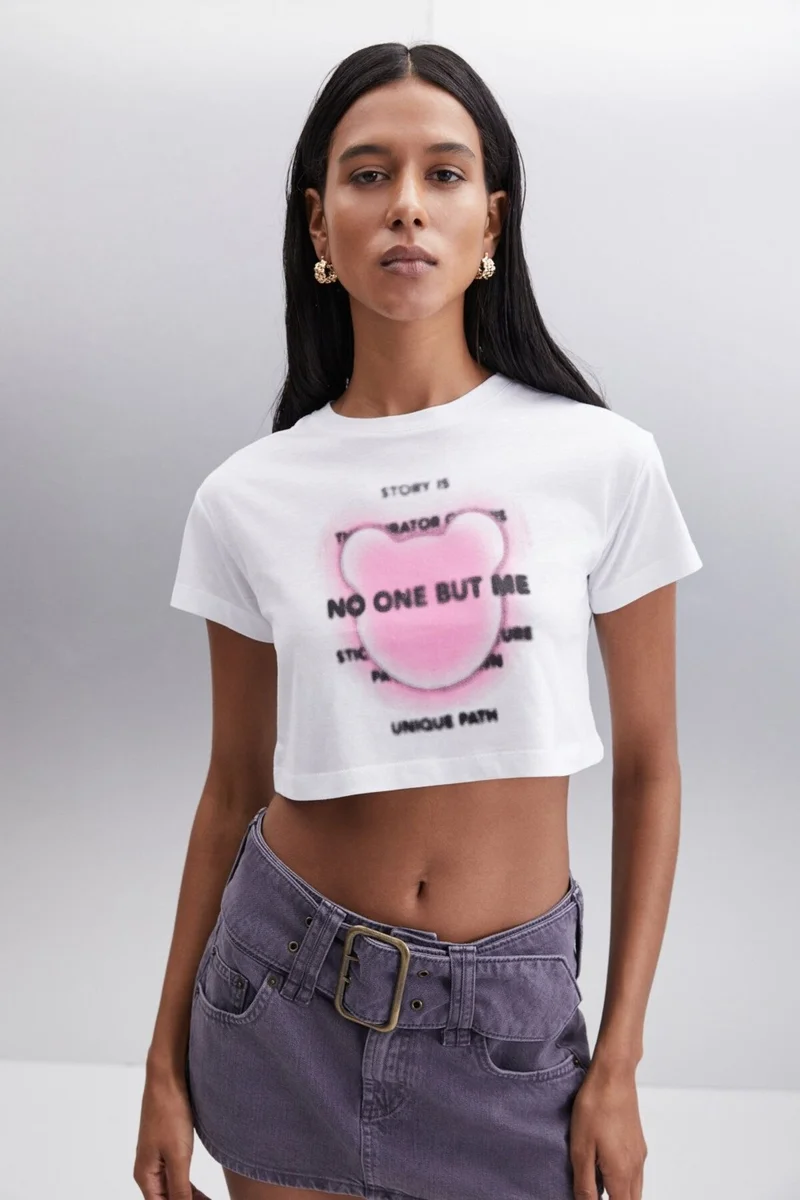 جريميلانج MORAN Women's 100% Cotton White - Pink Printed T-Shirt