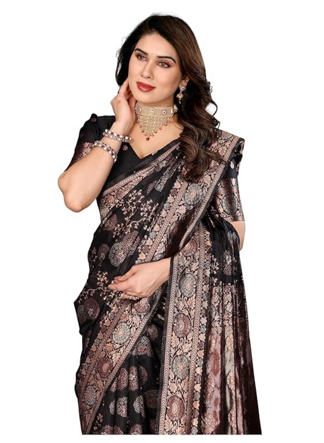 Sidhidata ساري حرير بناراسي كانجيفارام جاكار نسائي من سيدهيداتا بتصميم منسوج بالزري مع قطعة بلوزة غير مخيطة (مقاس حر) - Image 1