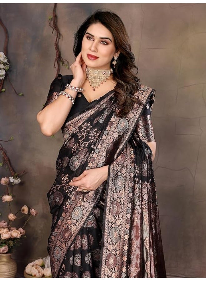Sidhidata ساري حرير بناراسي كانجيفارام جاكار نسائي من سيدهيداتا بتصميم منسوج بالزري مع قطعة بلوزة غير مخيطة (مقاس حر) - Image 4