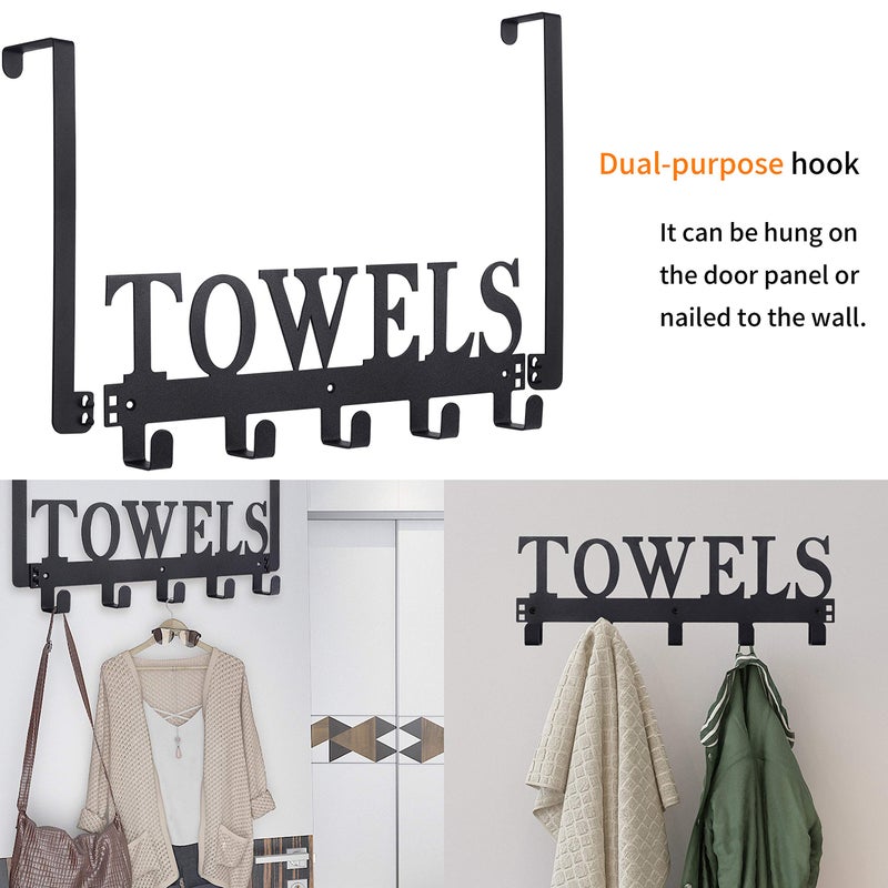 Kuhome Over The Door Hooks, Towel Holder for Bathroom, Door Mount Towel Rack Towel Hooks for Bedroom Beach Towels Bathrobe Wall Mount Hang on The Door Cabinet Cupboard Metal Sandblasted (Black) - Image 3