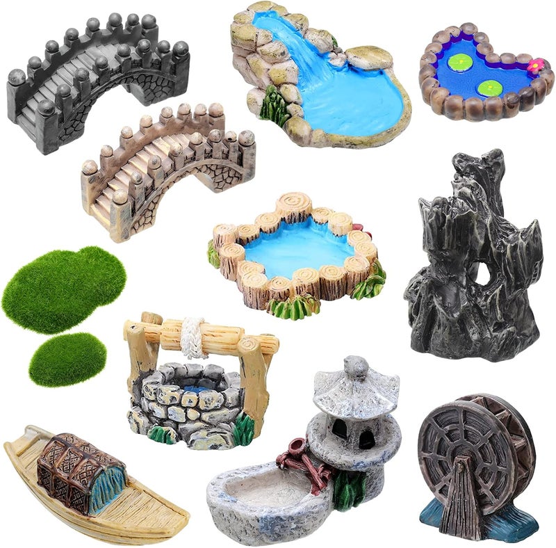 Jetec 12 Pcs Garden Accessories Miniature Bridge Mini Lighthouse Water Well Bridge Figurines Pond Lawn Ornament Figurines for DIY Craft Garden Decor(Retro Style) - Image 1