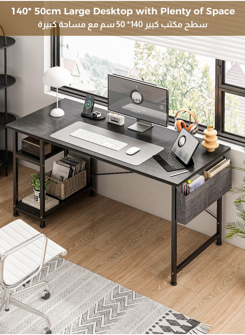 Stubborn Computer Desk 140cm, Office Desk with Storage Bag, Gaming Desk with 2-tier Shelves, Easy Assembly Study Desk, Simple Modern Home Office Desks, Writing Table  - Image 4