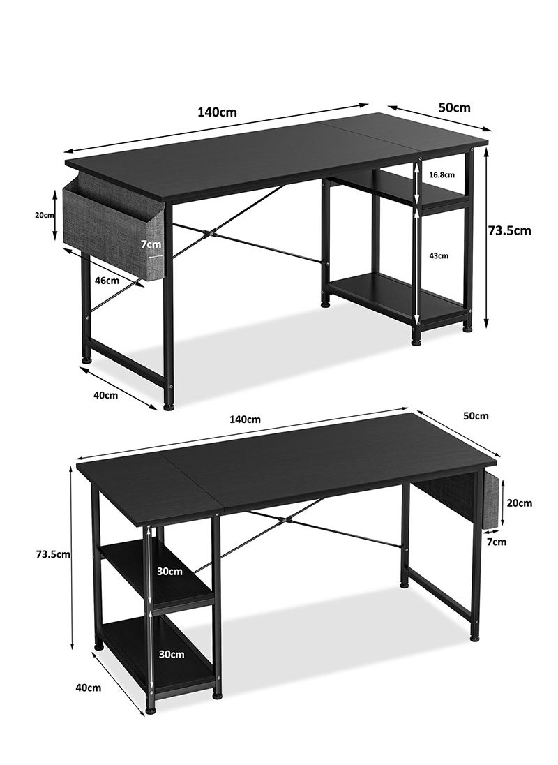 Stubborn Computer Desk 140cm, Office Desk with Storage Bag, Gaming Desk with 2-tier Shelves, Easy Assembly Study Desk, Simple Modern Home Office Desks, Writing Table  - Image 5
