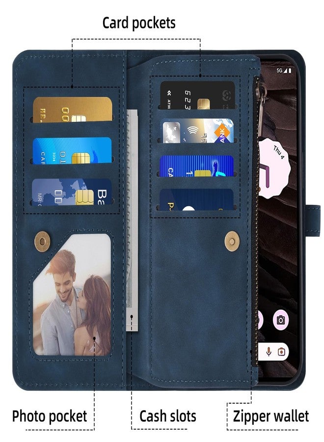 أسو ويش جراب هاتف جوجل بكسل 7A 5G 2023، غطاء محفظة مع واقي شاشة من الزجاج المقوى وحزام معصم قابل للطي، مصنوع من الجلد بنمط قلاب، مزود بسحاب وحامل بطاقات ائتمان، حامل للهاتف، بكسل 7A A7، للرجال والنساء، أزرق - Image 2