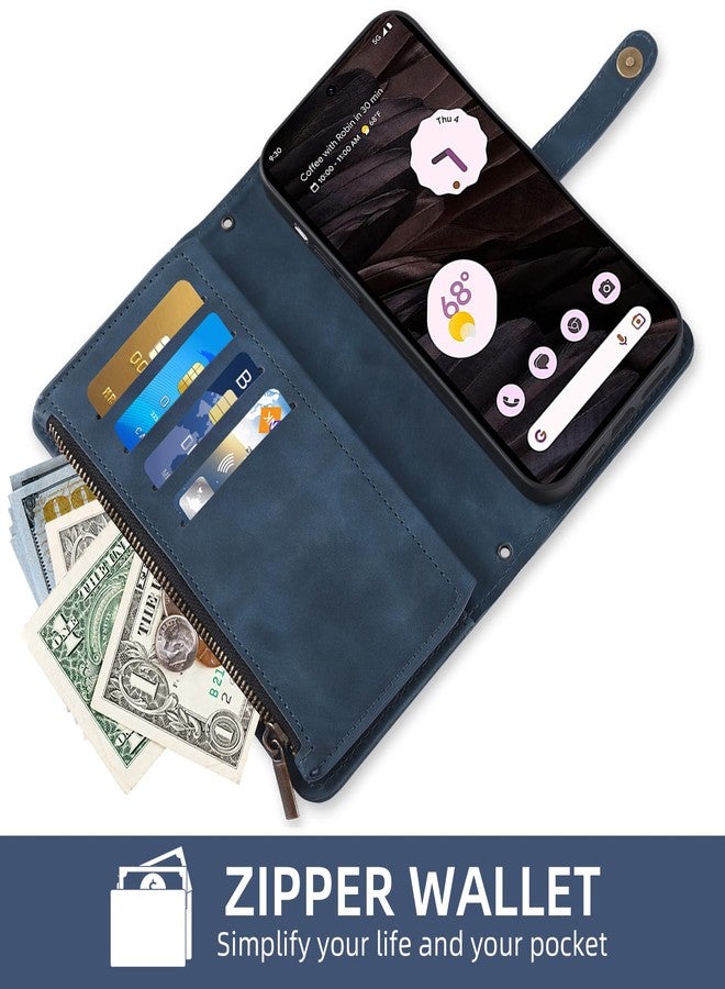 أسو ويش جراب هاتف جوجل بكسل 7A 5G 2023، غطاء محفظة مع واقي شاشة من الزجاج المقوى وحزام معصم قابل للطي، مصنوع من الجلد بنمط قلاب، مزود بسحاب وحامل بطاقات ائتمان، حامل للهاتف، بكسل 7A A7، للرجال والنساء، أزرق - Image 4