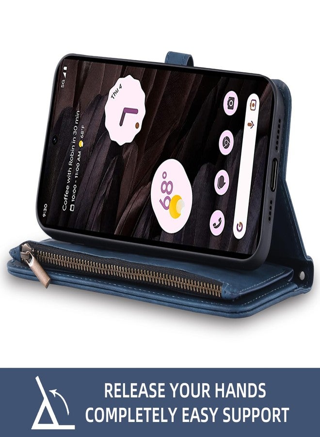 أسو ويش جراب هاتف جوجل بكسل 7A 5G 2023، غطاء محفظة مع واقي شاشة من الزجاج المقوى وحزام معصم قابل للطي، مصنوع من الجلد بنمط قلاب، مزود بسحاب وحامل بطاقات ائتمان، حامل للهاتف، بكسل 7A A7، للرجال والنساء، أزرق - Image 3