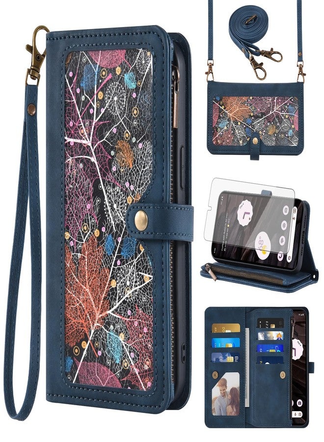 أسو ويش جراب هاتف جوجل بكسل 7A 5G 2023، غطاء محفظة مع واقي شاشة من الزجاج المقوى وحزام معصم قابل للطي، مصنوع من الجلد بنمط قلاب، مزود بسحاب وحامل بطاقات ائتمان، حامل للهاتف، بكسل 7A A7، للرجال والنساء، أزرق - Image 1