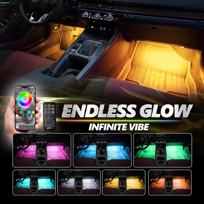 OPT7 Aura Pro Interior Car Lights with App & Remote Control, RGB Color Change, Music Sync Inside Ambient Lighting Kit, Car SUV Van Under Dash Decor, 12V Charger Adapter, 4PC Single Row LED Strip - Image 3