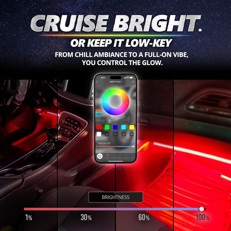 OPT7 Aura Pro Interior Car Lights with App & Remote Control, RGB Color Change, Music Sync Inside Ambient Lighting Kit, Car SUV Van Under Dash Decor, 12V Charger Adapter, 4PC Single Row LED Strip - Image 4
