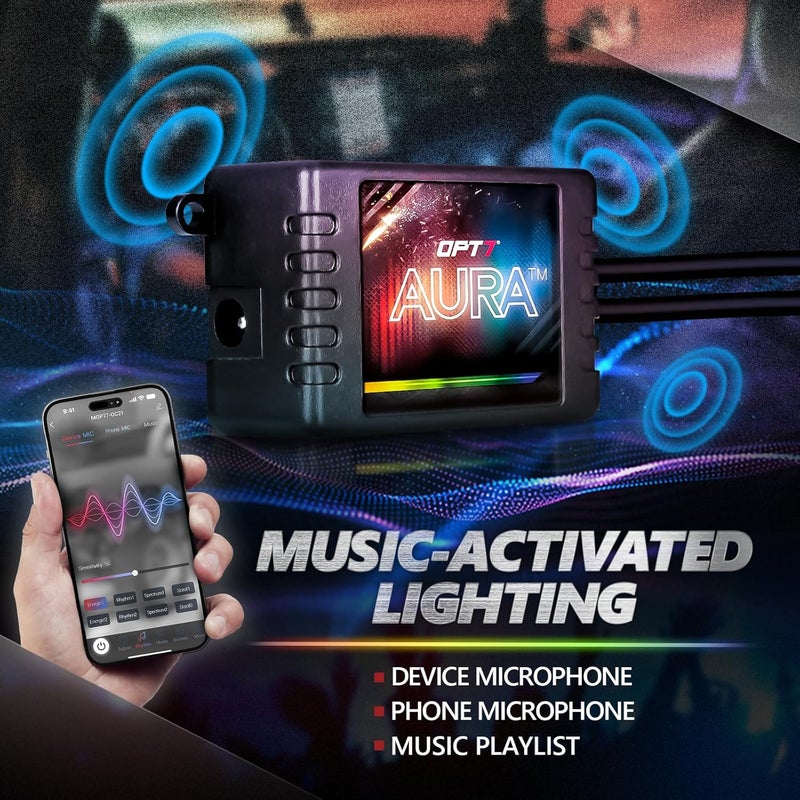 OPT7 Aura Pro Interior Car Lights with App & Remote Control, RGB Color Change, Music Sync Inside Ambient Lighting Kit, Car SUV Van Under Dash Decor, 12V Charger Adapter, 4PC Single Row LED Strip - Image 5