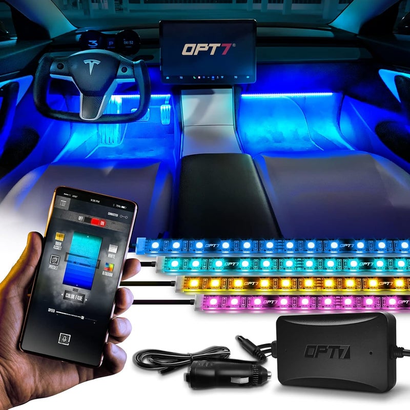 OPT7 Aura Pro Interior Car Lights with App & Remote Control, RGB Color Change, Music Sync Inside Ambient Lighting Kit, Car SUV Van Under Dash Decor, 12V Charger Adapter, 4PC Single Row LED Strip - Image 1