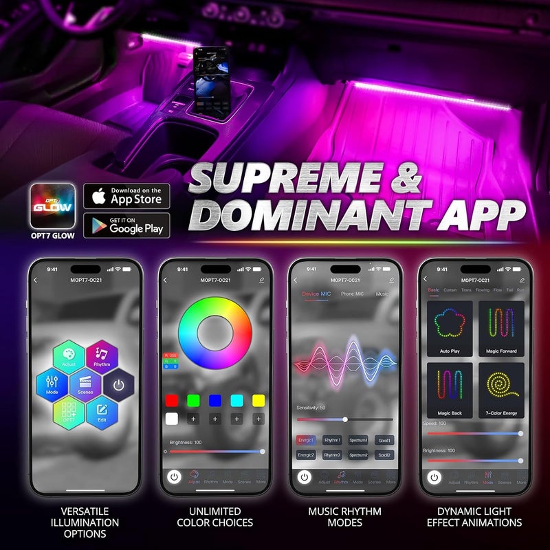 OPT7 Aura Pro Interior Car Lights with App & Remote Control, RGB Color Change, Music Sync Inside Ambient Lighting Kit, Car SUV Van Under Dash Decor, 12V Charger Adapter, 4PC Single Row LED Strip - Image 2