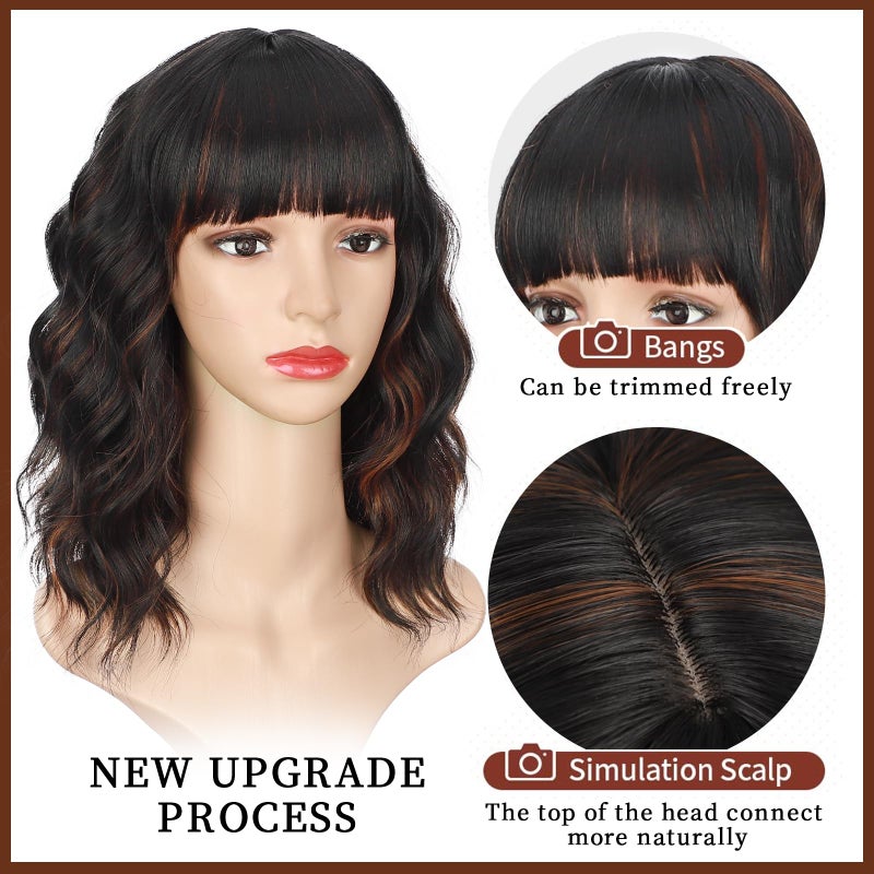 Lativ Black Mix Brown Wig with Bangs Short Wavy Wigs for Women Shoulder Length Curly Bob Wigs 14 Inches for Halloween Cosplay Daily Party Use - Image 3