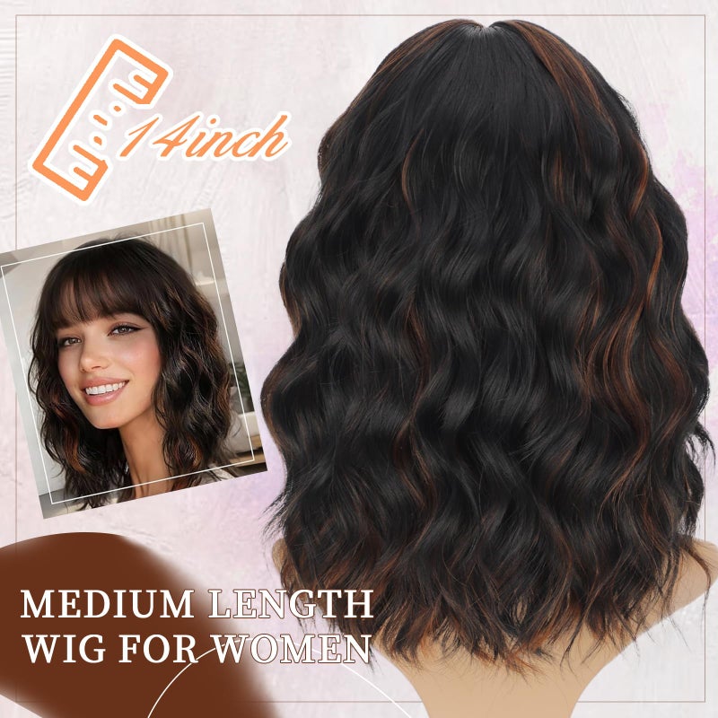 Lativ Black Mix Brown Wig with Bangs Short Wavy Wigs for Women Shoulder Length Curly Bob Wigs 14 Inches for Halloween Cosplay Daily Party Use - Image 2