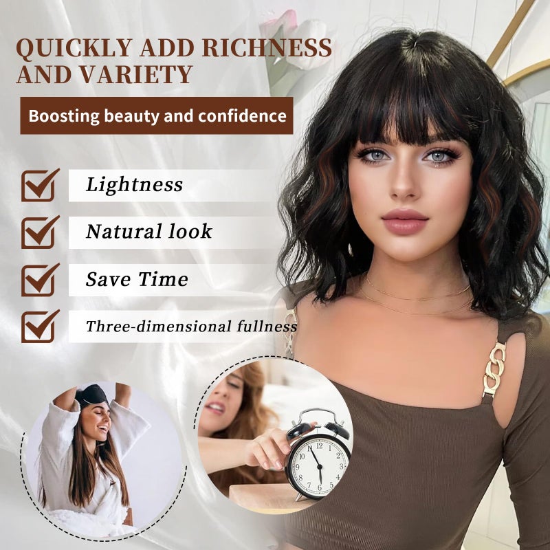 Lativ Black Mix Brown Wig with Bangs Short Wavy Wigs for Women Shoulder Length Curly Bob Wigs 14 Inches for Halloween Cosplay Daily Party Use - Image 4