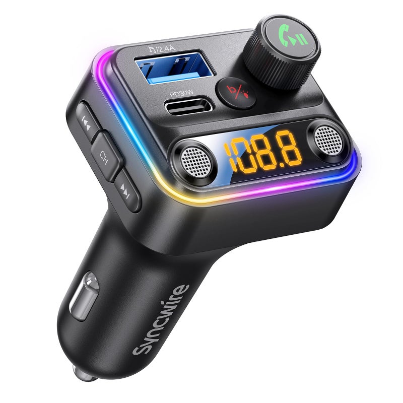 Syncwire Bluetooth 5.4 FM Transmitter Car Adapter 42W [Light Switch] [Stronger Dual-mic] [HiFi Bass Sound] [Fast Charging] Wireless FM Radio Stereo Music Adapter Hands-Free Calling Support USB Drive - Image 1