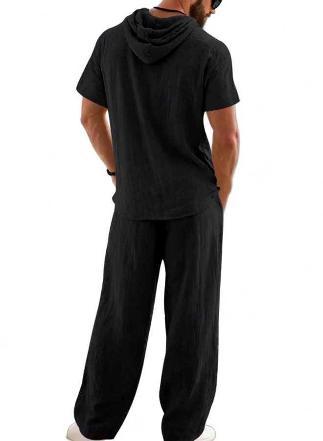 تايك تو Men Black Linen Hooded Shirt And Trousers Set